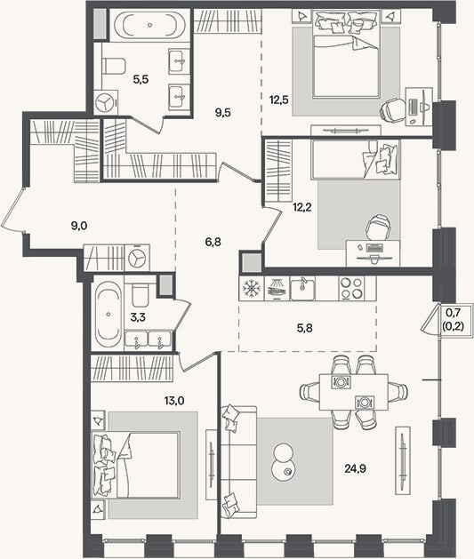 Планировка: 4+ к, 102,5 м²