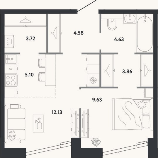 Планировка: 1-к, 43,7 м²