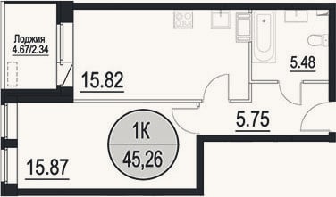 Планировка: 2-к, 42,9 м²