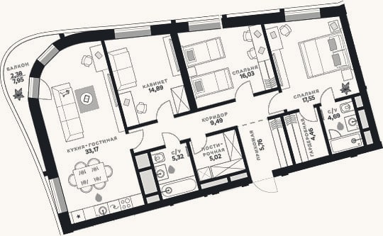 Планировка: 4+ к, 116,4 м²