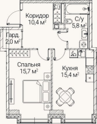 Планировка: 1-к, 49,3 м²