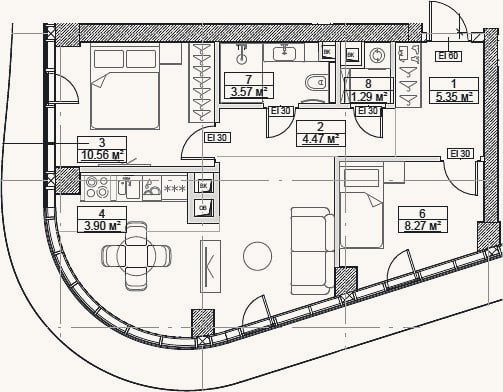 Планировка: 3-к, 54,4 м²