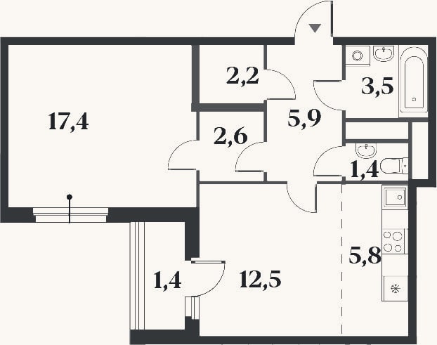 Планировка: 2-к, 51,3 м²