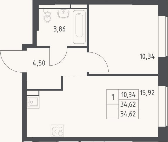 Планировка: 2-к, 34,6 м²
