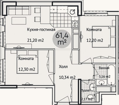 Планировка: 3-к, 63,2 м²