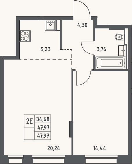 Планировка: 2-к, 48 м²