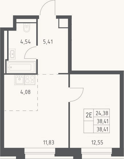 Планировка: 2-к, 38,4 м²