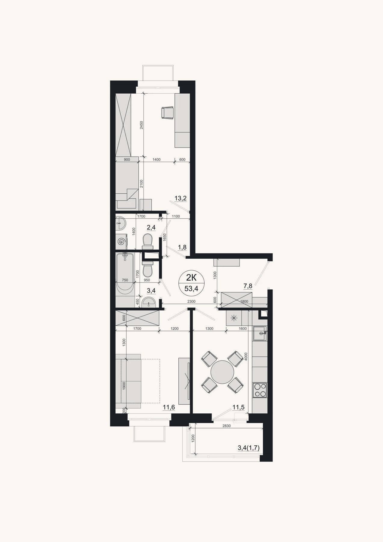 Планировка: 3-к, 51,2 м²