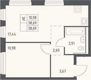Планировка: 2-к, 38,7 м²