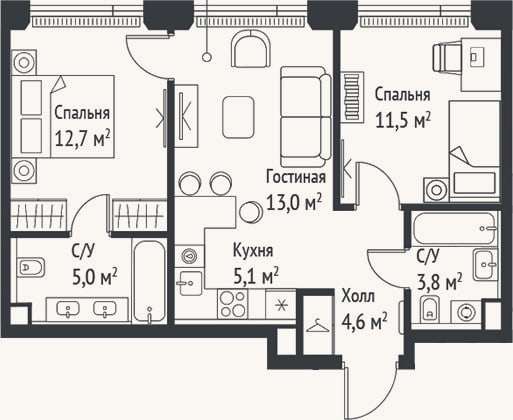 Планировка: 3-к, 55,7 м²