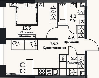 Планировка: 2-к, 40,2 м²