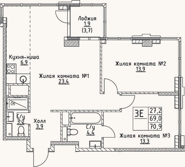 Планировка: 3-к, 69 м²