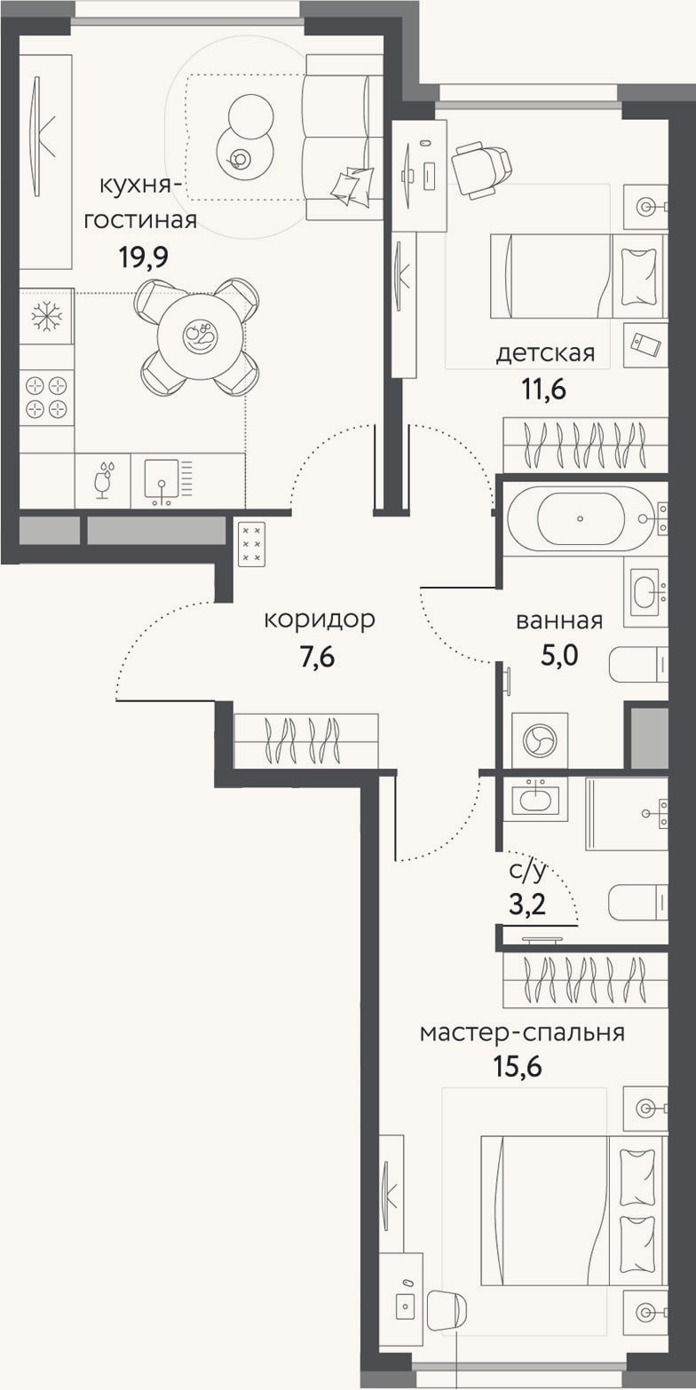 Планировка: 3-к, 62,9 м²