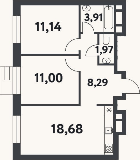 Планировка: 2-к, 55 м²