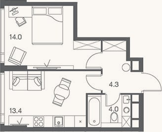 Планировка: 1-к, 35,7 м²
