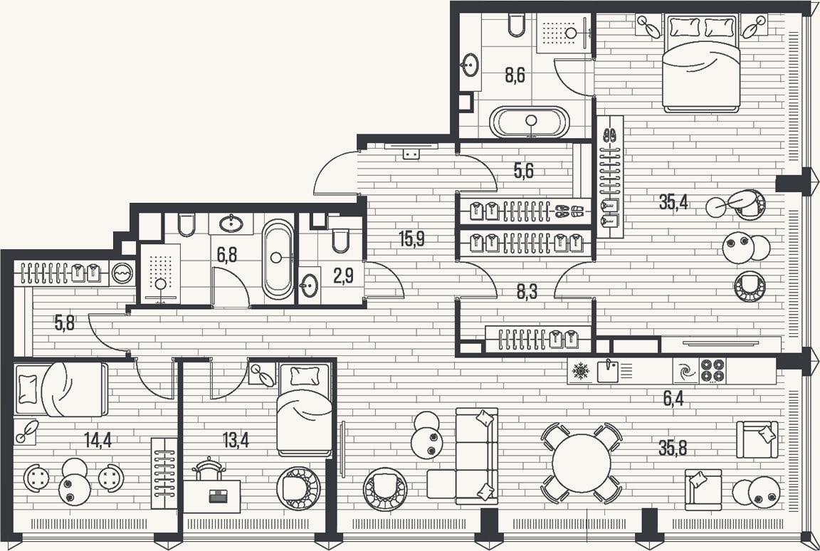 Планировка: 4+ к, 159,3 м²
