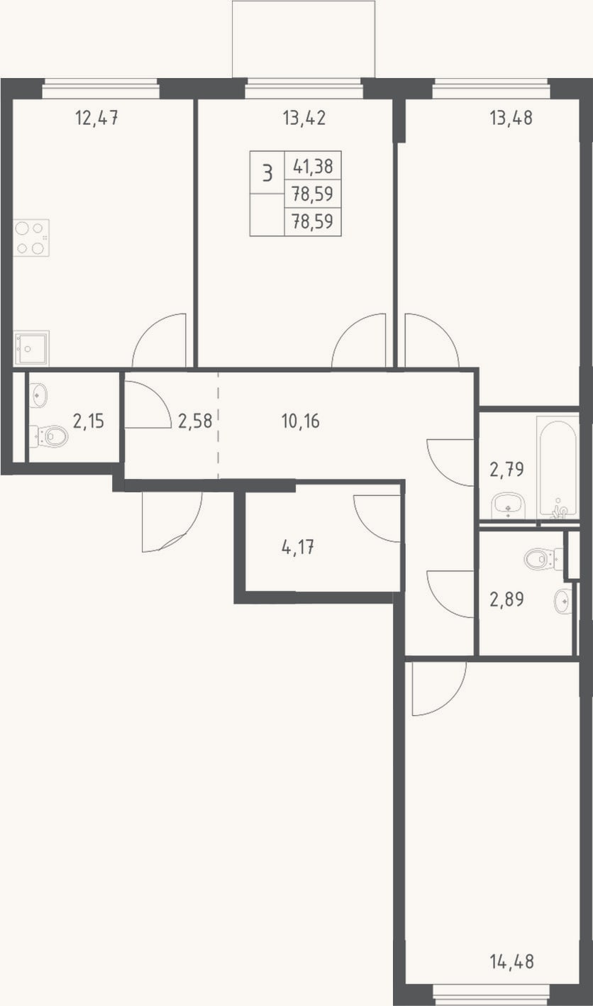 Планировка: 3-к, 78,6 м²
