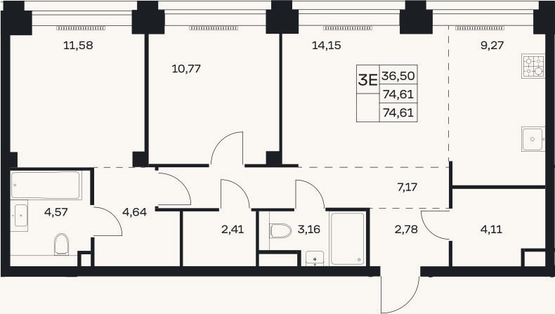Планировка: 3-к, 74,6 м²
