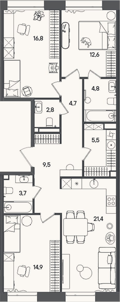 Планировка: 3-к, 96,7 м²