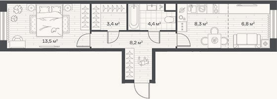 Планировка: 2-к, 44,6 м²