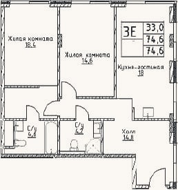 Планировка: 3-к, 74,6 м²