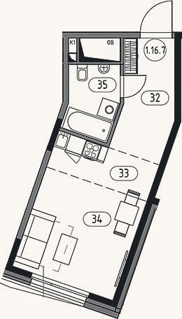 Планировка: Студия, 33,1 м²