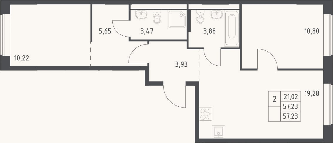 Планировка: 3-к, 57,2 м²