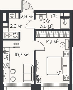 Планировка: 1-к, 33,9 м²