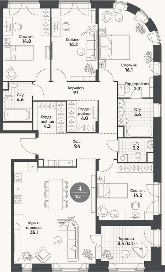 Планировка: 4+ к, 136,9 м²