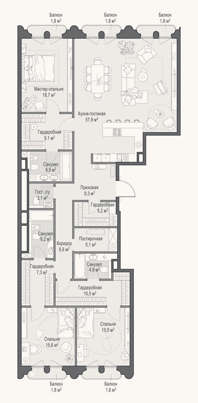 Планировка: 4+ к, 186,1 м²