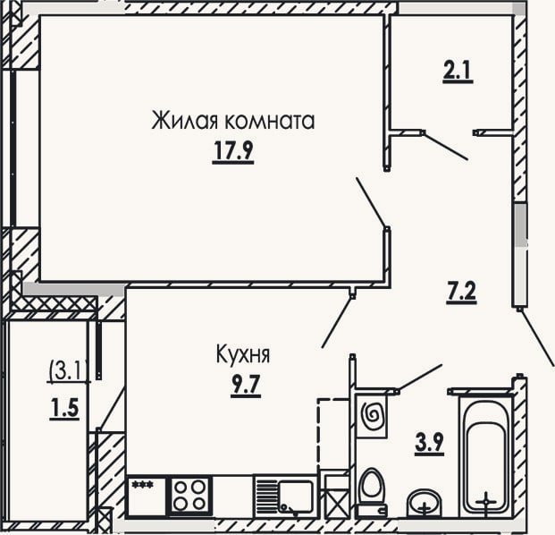 Планировка: 1-к, 40,8 м²