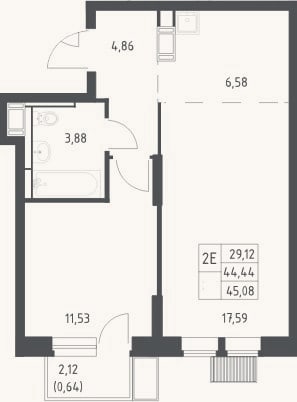 Планировка: 2-к, 44,4 м²