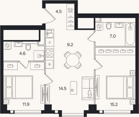 Планировка: 3-к, 66,9 м²