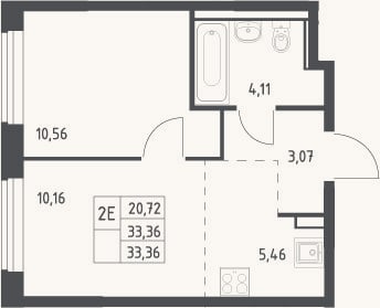 Планировка: 2-к, 33,4 м²