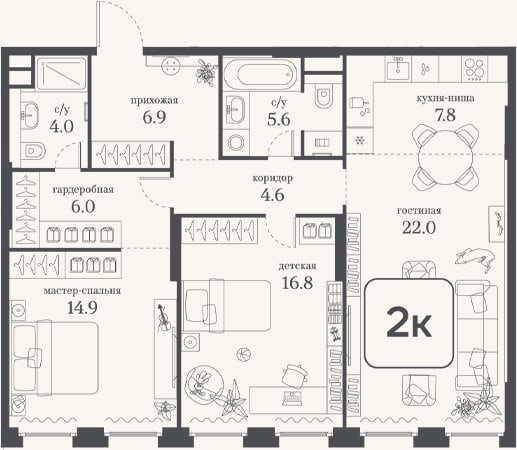 Планировка: 2-к, 88,6 м²