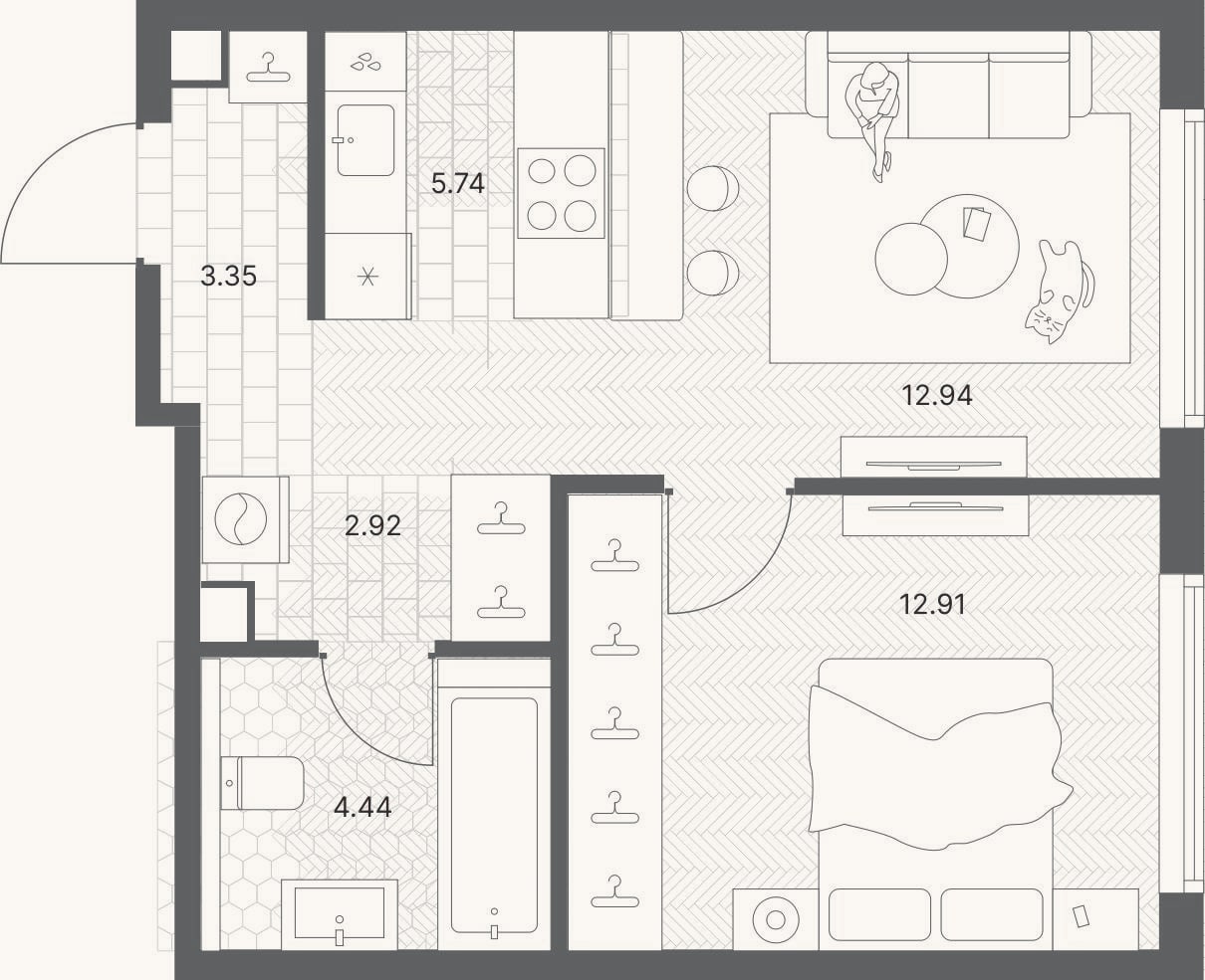 Планировка: 2-к, 42,3 м²
