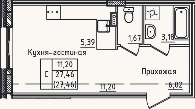 Планировка: Студия, 27,5 м²