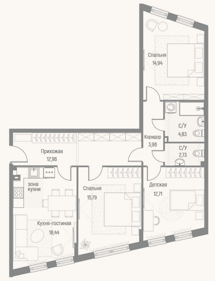 Планировка: 3-к, 86,4 м²