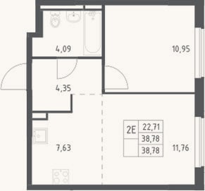 Планировка: 2-к, 38,8 м²