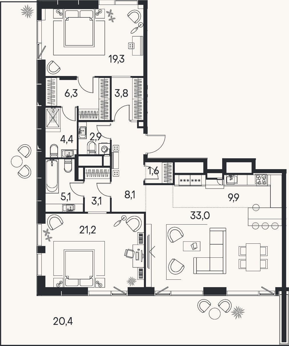 Планировка: 3-к, 118,7 м²