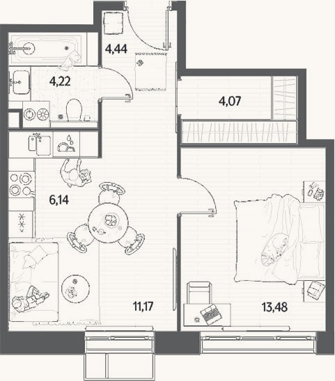 Планировка: 2-к, 43,5 м²