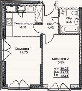 Планировка: 2-к, 45,5 м²