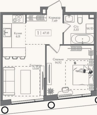 Планировка: 2-к, 47,2 м²