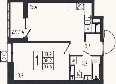 Планировка: 1-к, 36,2 м²
