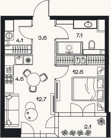 Планировка: 2-к, 44,7 м²