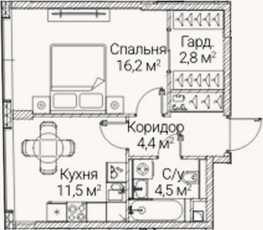 Планировка: 1-к, 39,4 м²