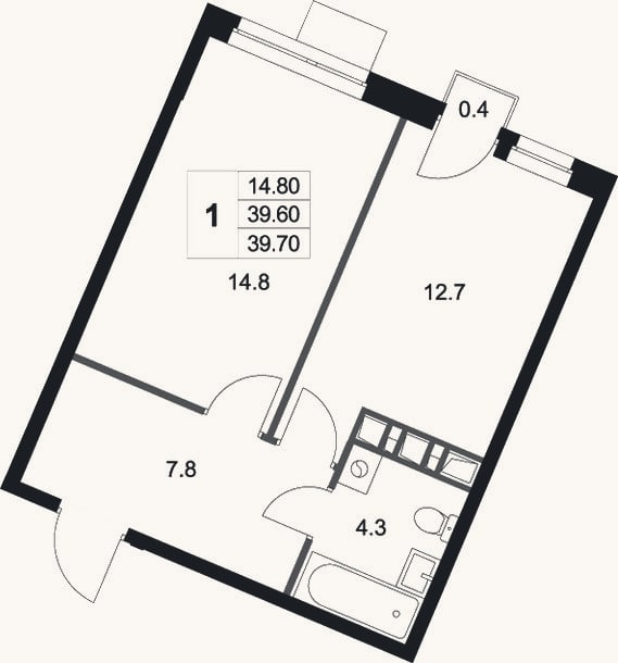 Планировка: 1-к, 39,6 м²