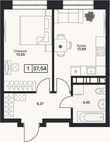 Планировка: 1-к, 37,5 м²