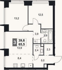 Планировка: 3-к, 65,5 м²