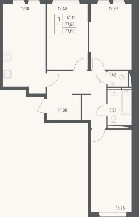 Планировка: 3-к, 77,6 м²